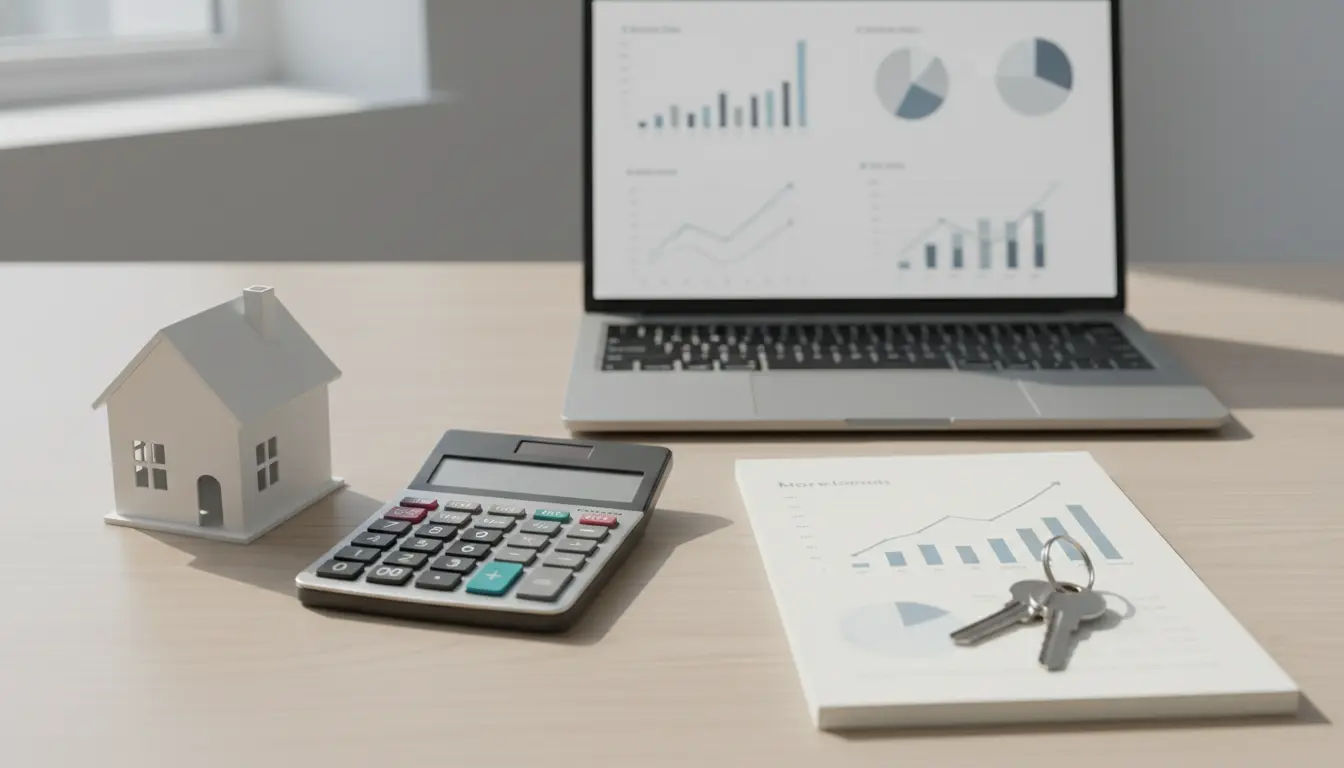 Schreibtisch mit Hausmodell, Taschenrechner und Diagrammen