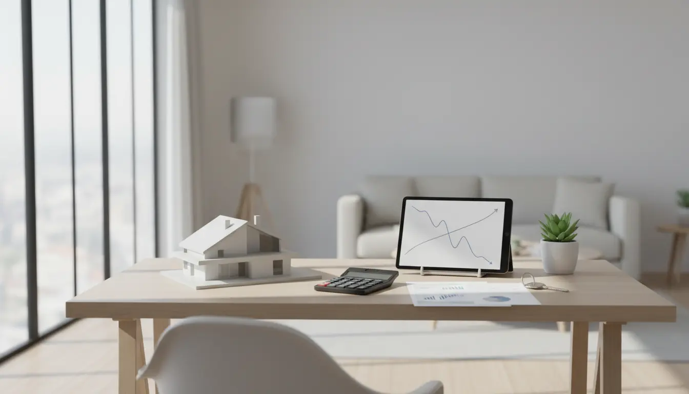 Arbeitsplatz mit Modellhaus, Tablet und Diagramm