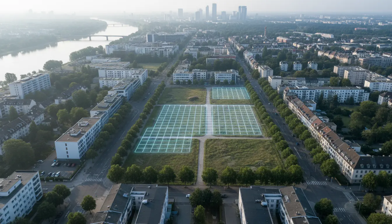 Luftaufnahme einer Stadt mit geplanten Bauflächen im Zentrum.