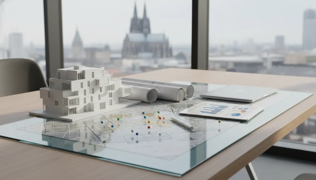 Architekturmodell eines modernen Wohngebäudes auf Glasplatte.