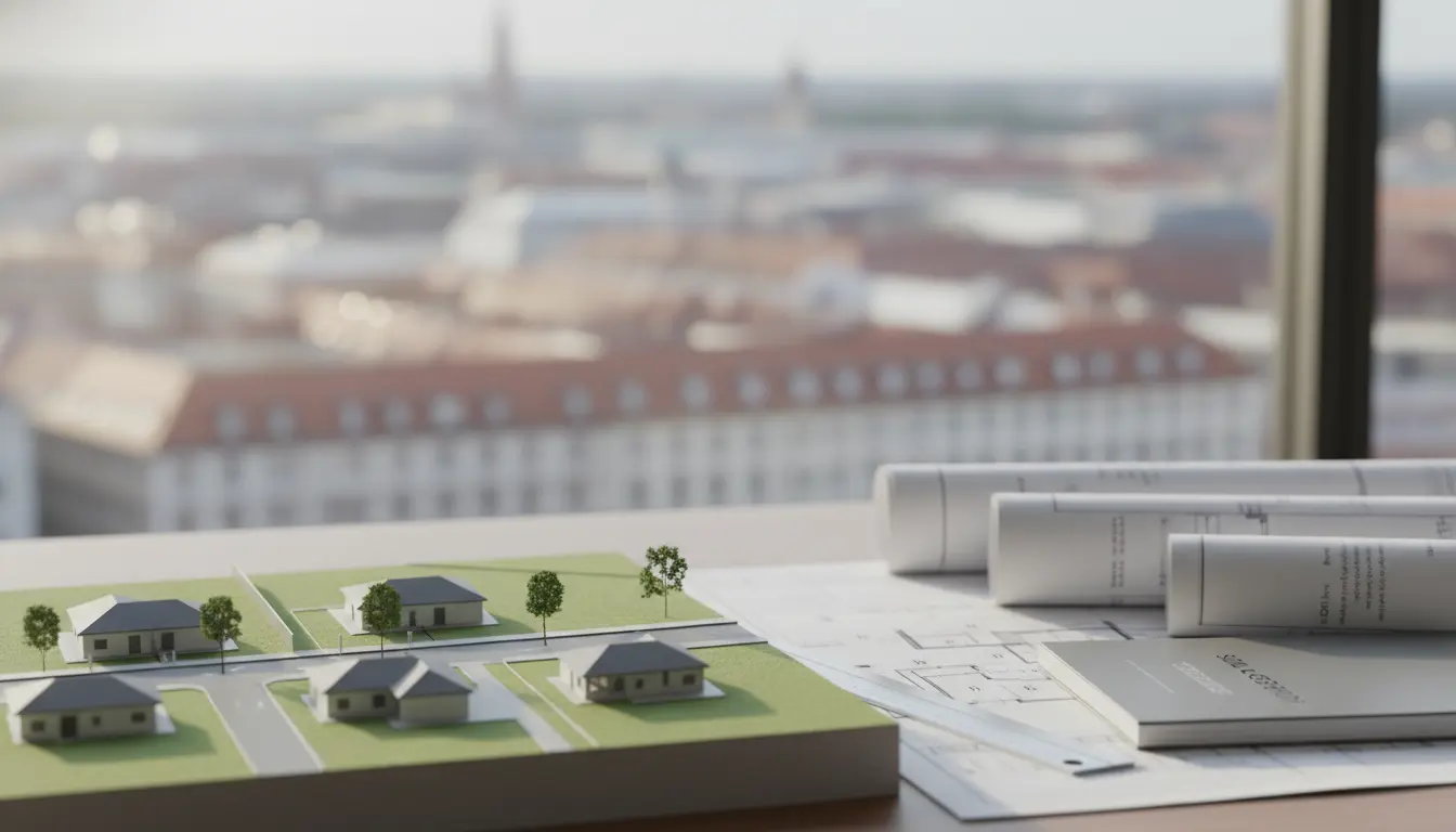 Architekturmodell einer Wohnsiedlung vor Plänen, Stadtblick.