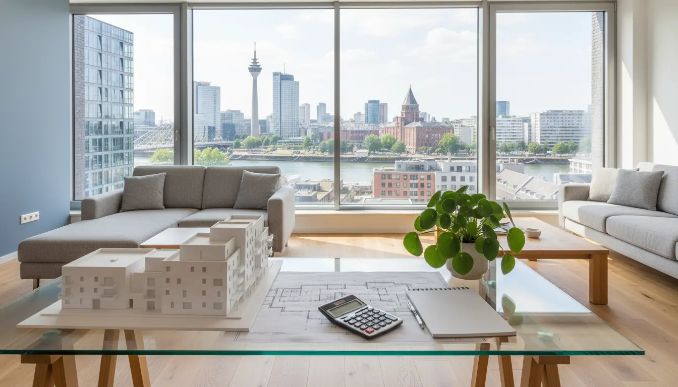 Modernes Wohnzimmer mit Modellhaus auf Glastisch und Aussicht