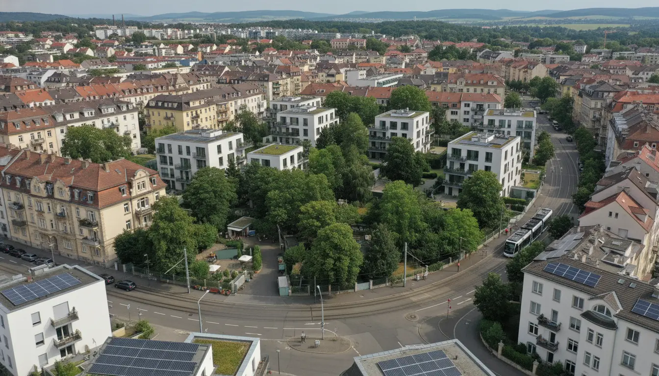 Luftaufnahme eines grünen Wohnparks mit modernen Gebäuden