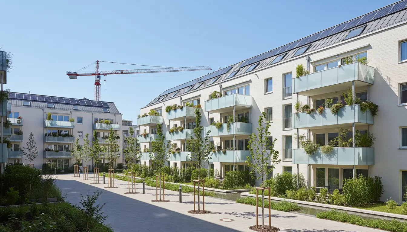 Moderne Wohnanlage mit Balkonen, Bäumen und Baukran im Hintergrund.