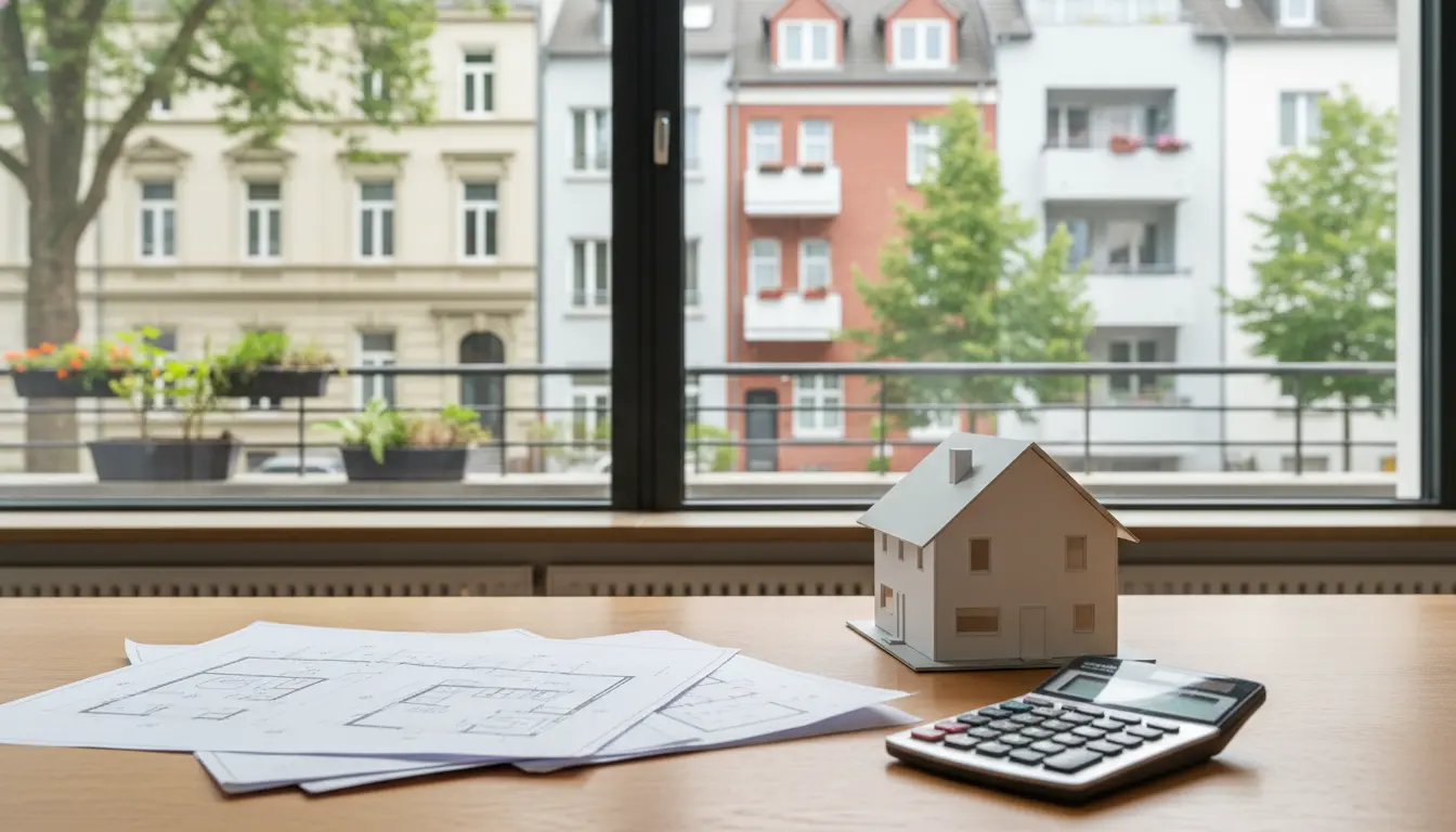 Modellhaus, Baupläne und Taschenrechner auf dem Tisch.