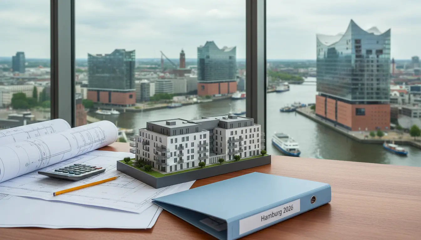 Architekturmodell auf Schreibtisch mit Bauplänen, Hafen Hamburg.