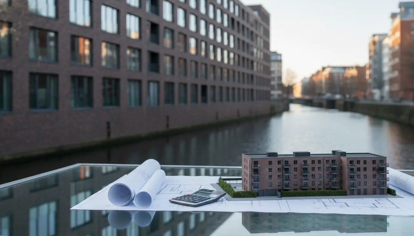 Modell eines Wohngebäudes auf Bauplänen am Wasser.