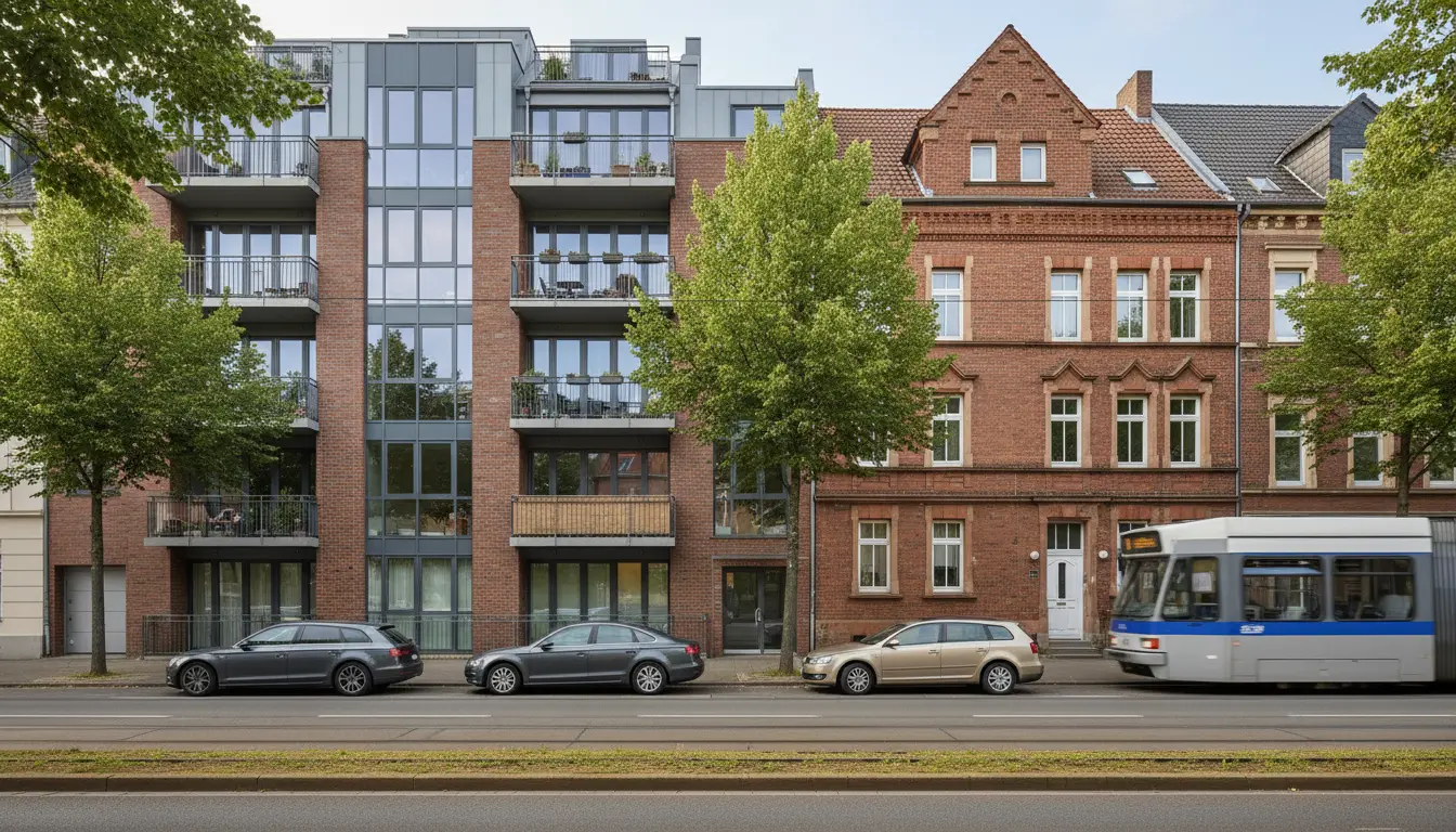 Straßenansicht: modernes Glasgebäude neben rotem Backsteinhaus