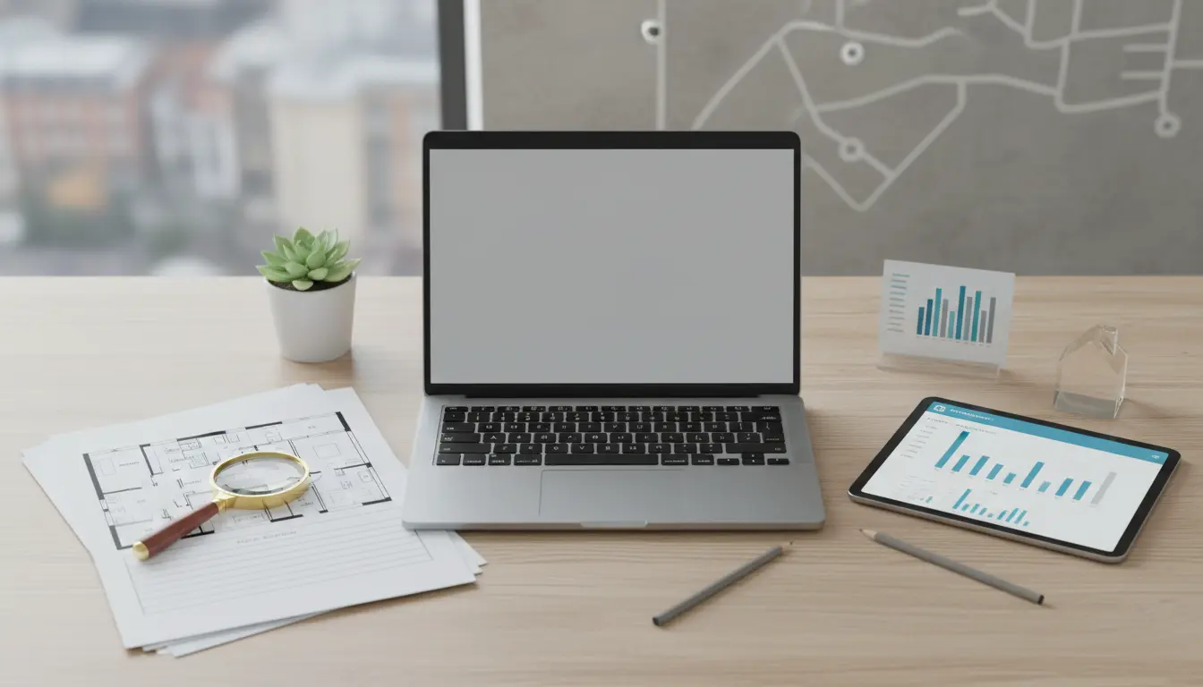 Schreibtisch mit Laptop, Tablet-Diagrammen und Unterlagen.