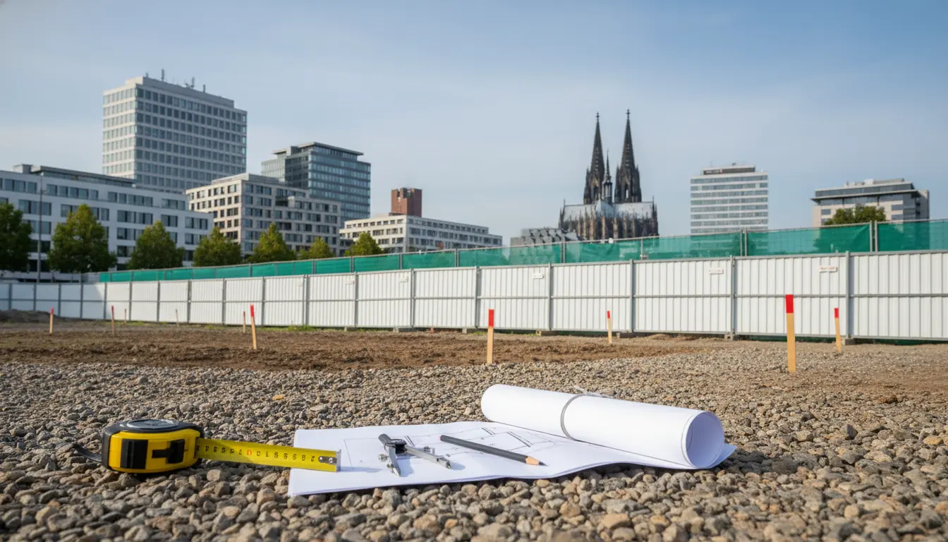 Baustelle mit Plänen, Maßband und Kölner Dom im Hintergrund
