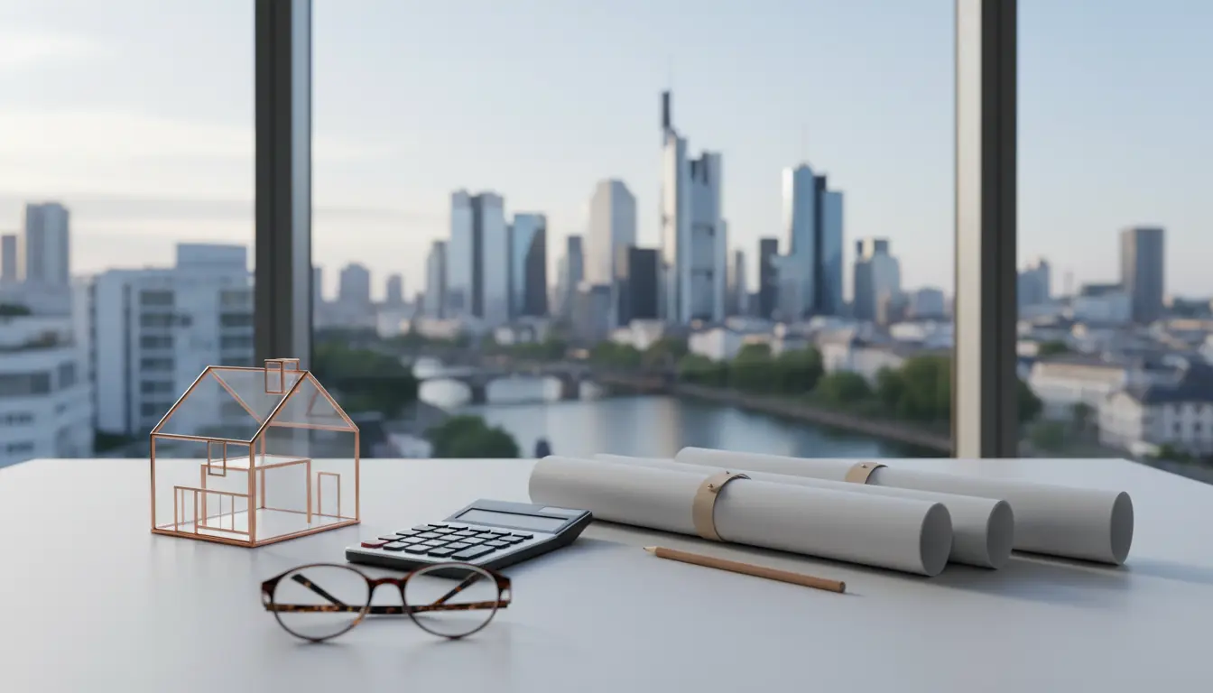 Arbeitsplatz mit Blaupausen, Modellhaus und Stadtblick.