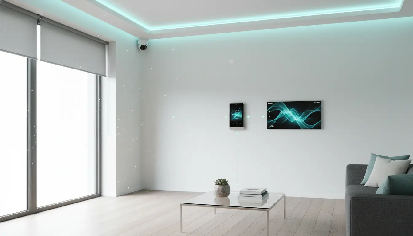 Modernes Wohnzimmer mit großen Fenstern, Sofa und Bildschirmen.