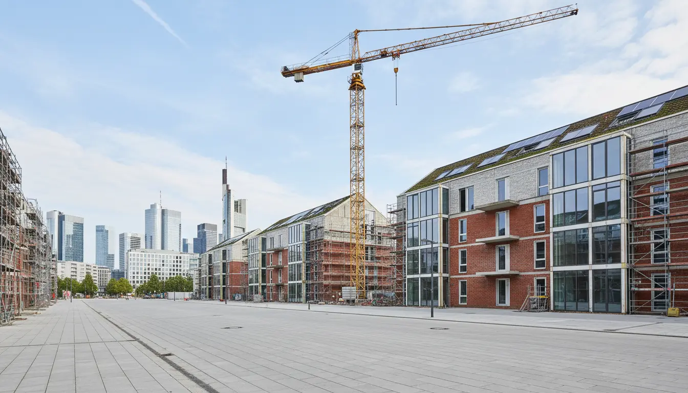 Baustelle mit Kran vor Neubauten, Frankfurter Skyline sichtbar.