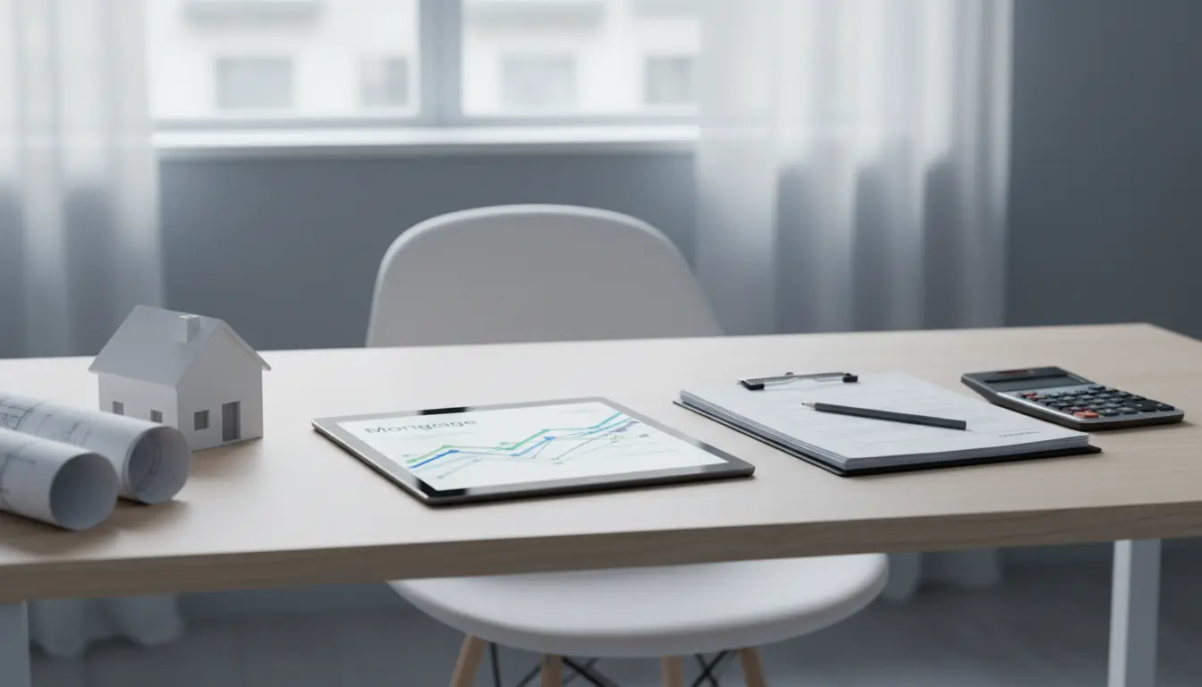 Schreibtisch mit Hausmodell, Bauplänen und Tablet-Graphen.