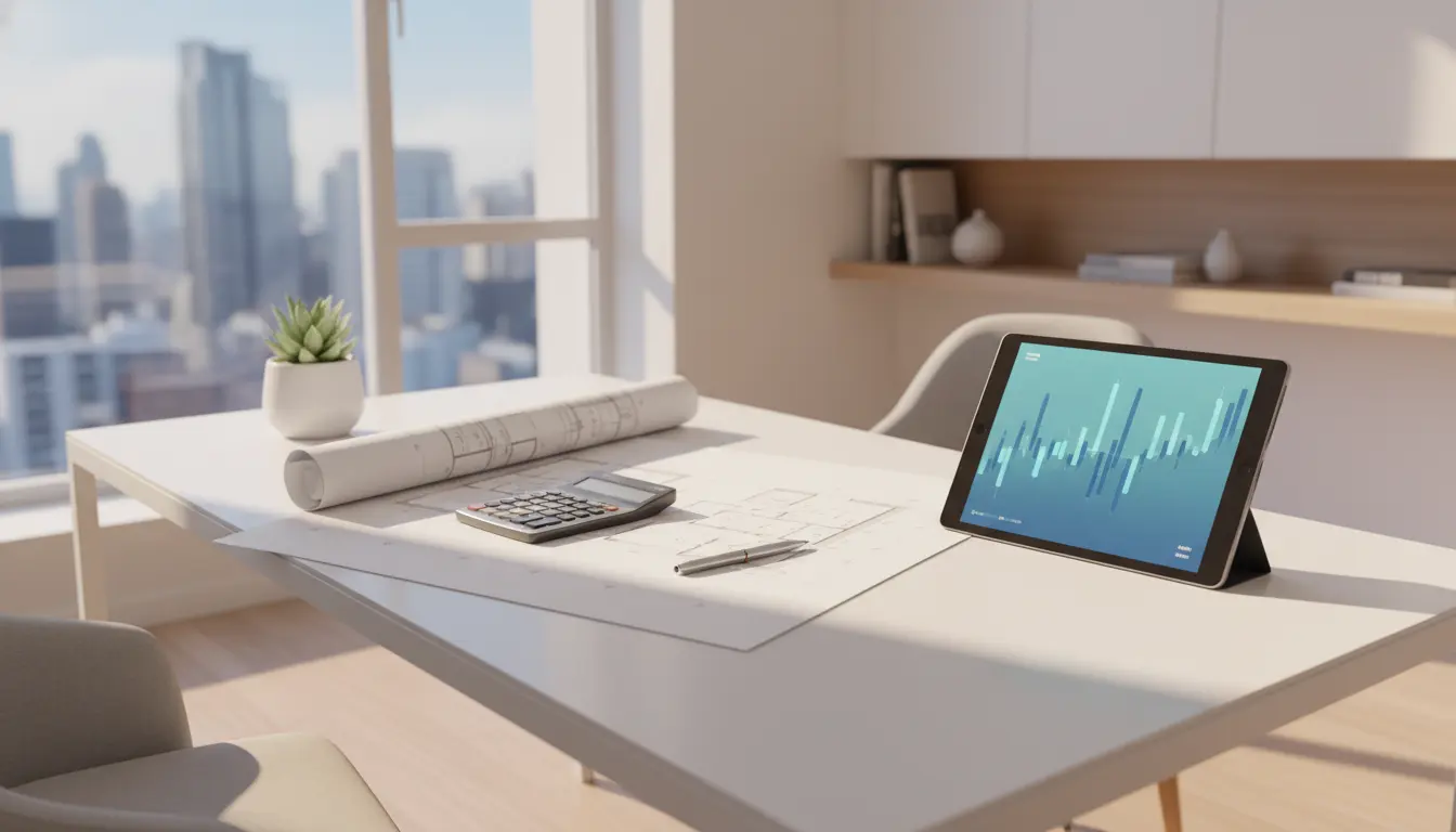 Arbeitsplatz mit Tablet, Bauplänen und Stadtblick.
