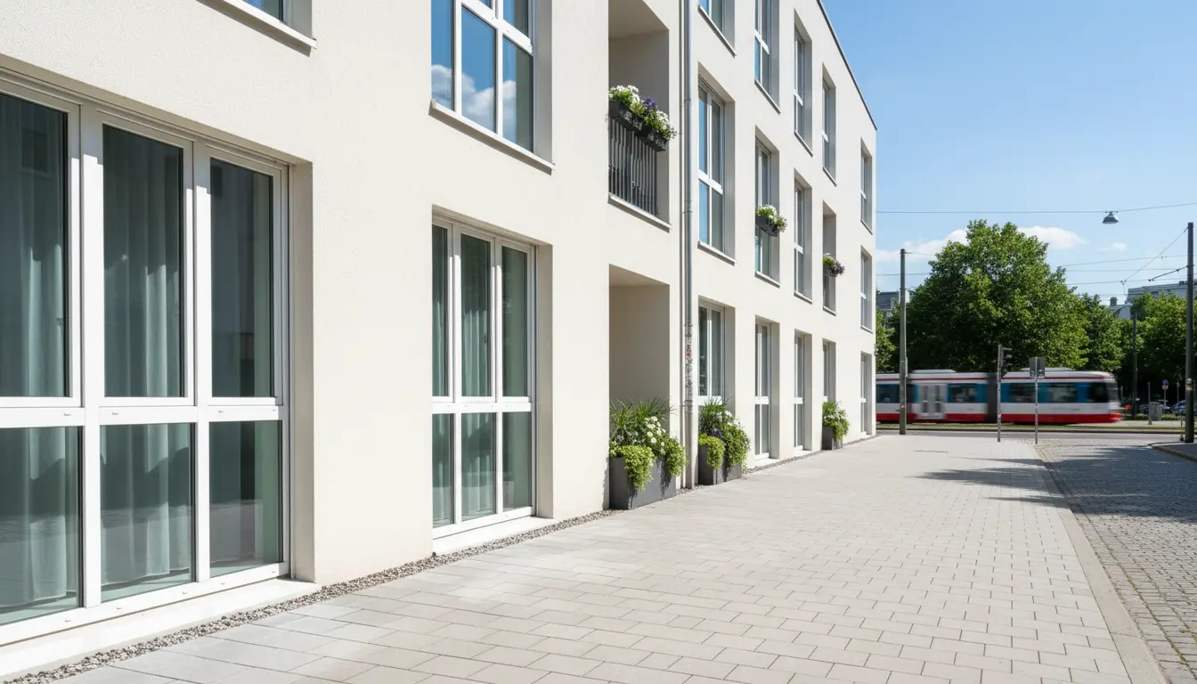 Moderne Wohnanlage mit großen Fenstern und Straßenbahn im Hintergrund.