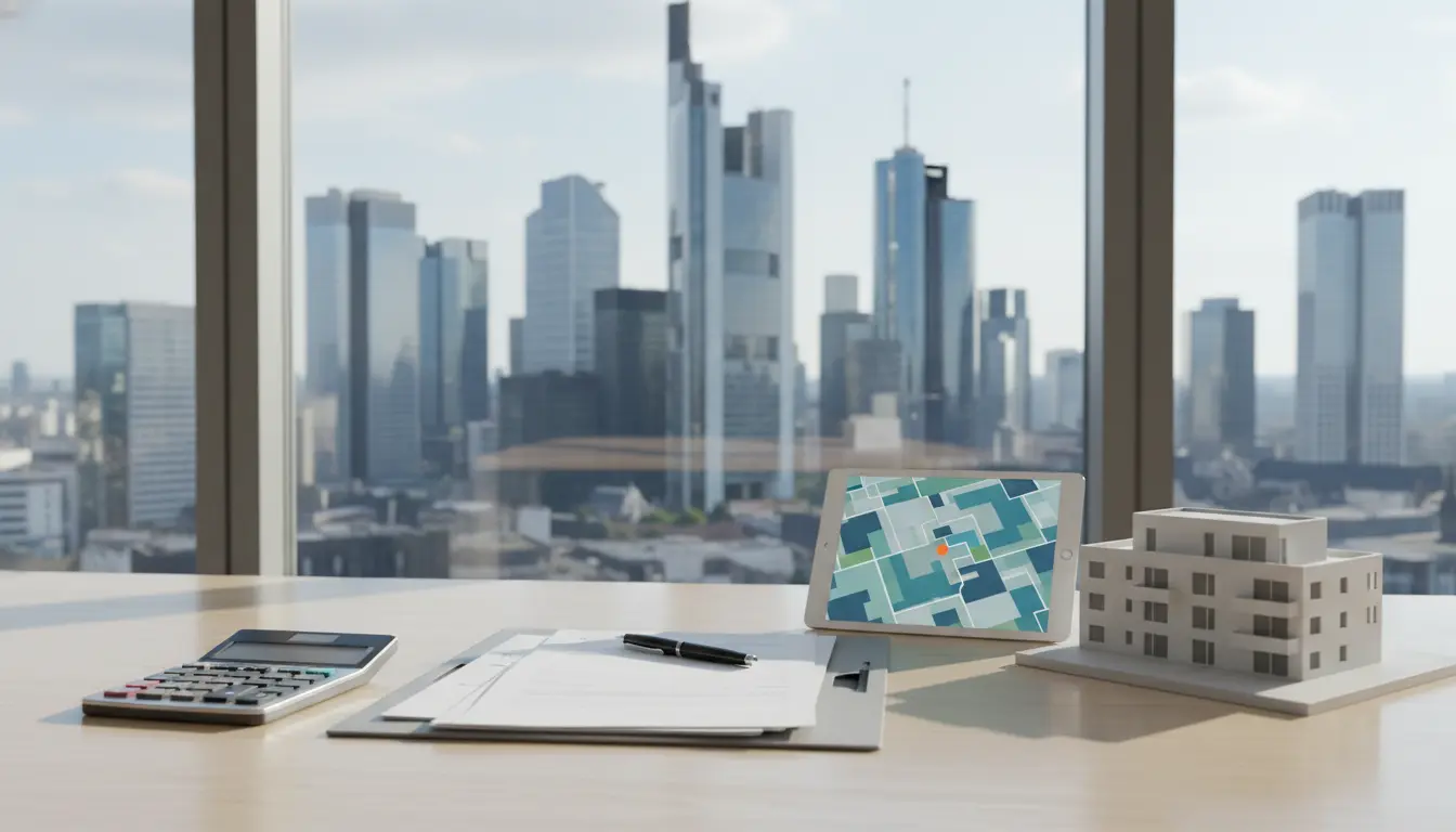 Büro-Schreibtisch mit Stadtmodell und Tablet