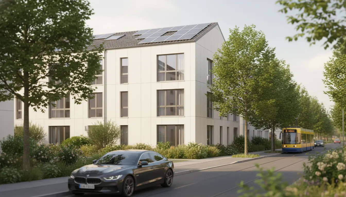 Moderne Wohnanlage mit Solaranlage, Auto und Straßenbahn.