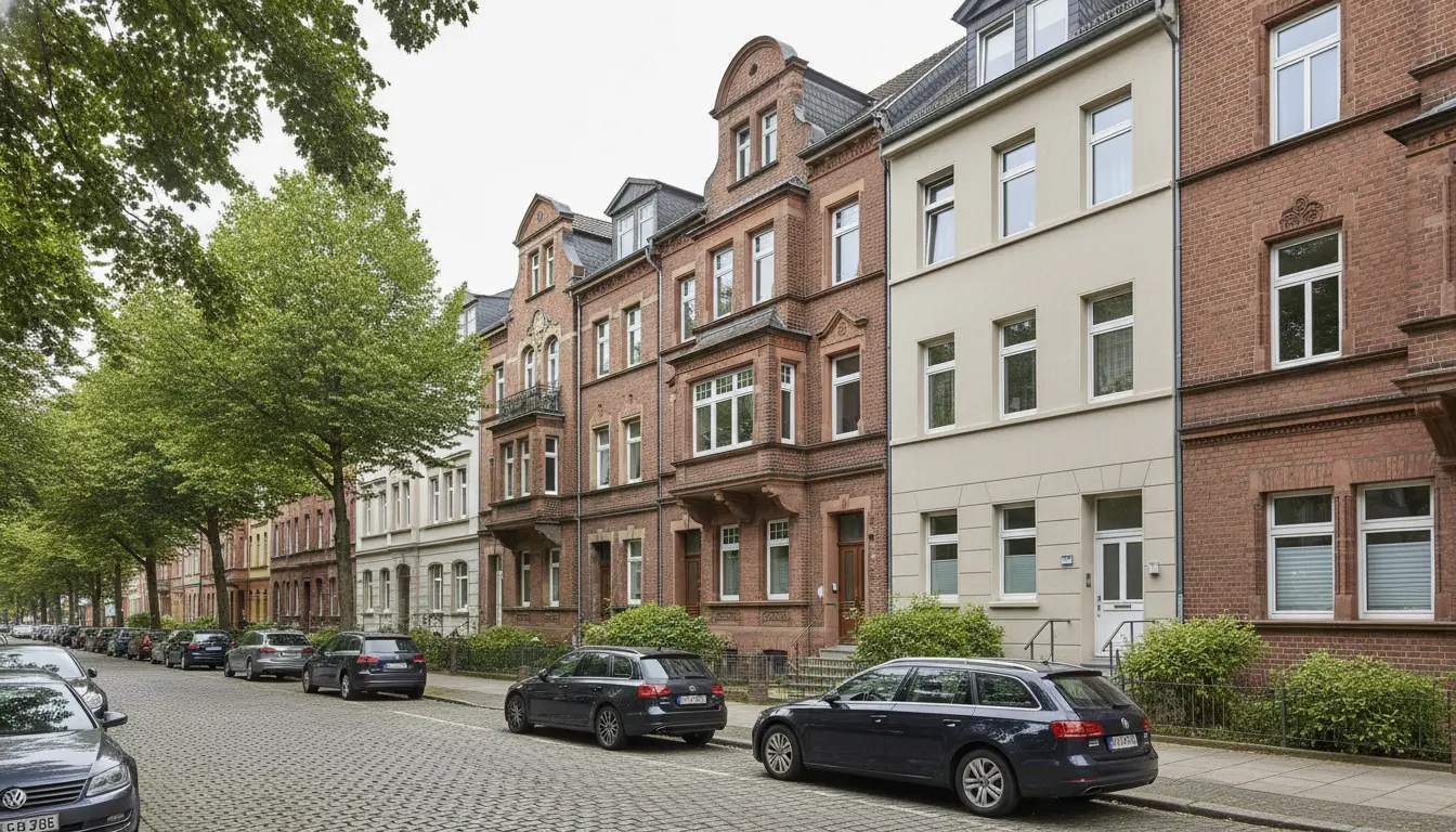 Straßenbild mit roten Ziegelhäusern, Bäumen und Autos.