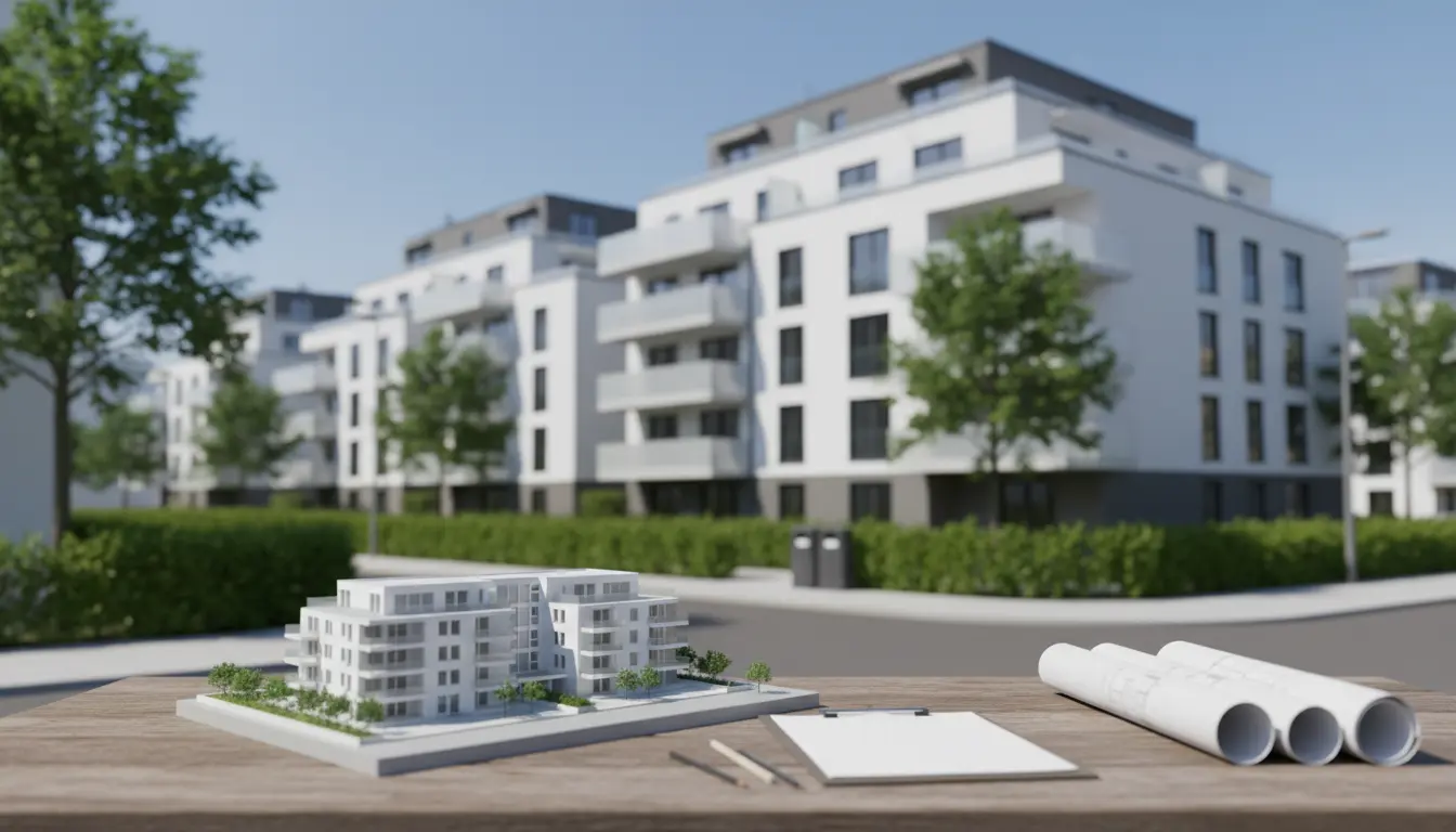 Architekturmodell einer Wohnanlage im Vordergrund.