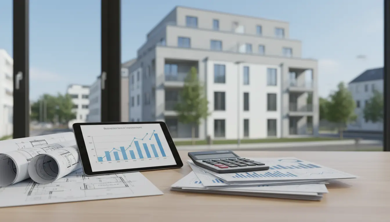 Arbeitsplatz mit Bauplänen und Tablet vor Wohngebäuden.