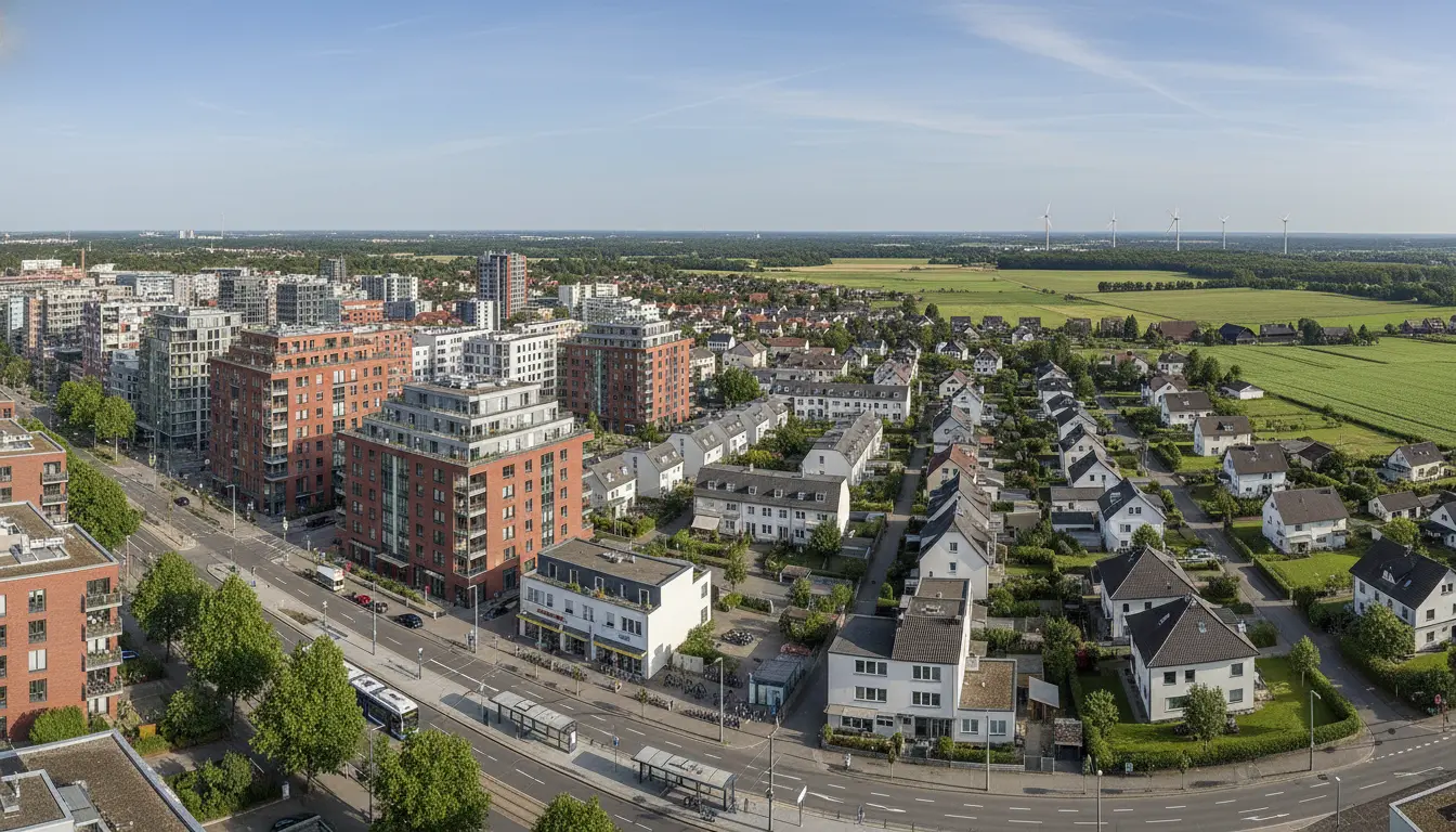 Luftbild einer modernen Wohngegend mit Hochhäusern und Windrädern