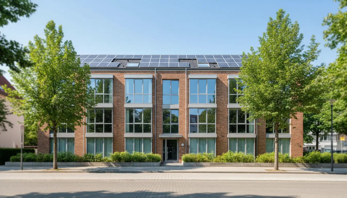 Modernes Backsteingebäude mit Solaranlage und Bäumen.