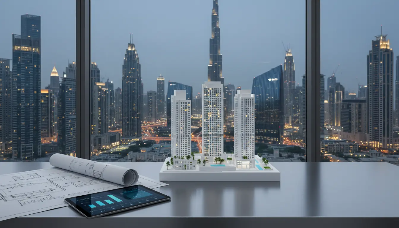Architekturmodell von Wohnhochhäusern auf Schreibtisch, Skyline im Hintergrund.