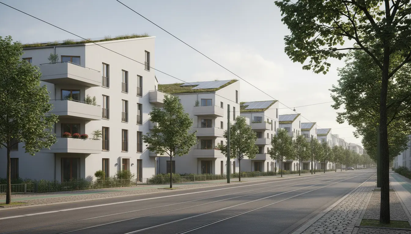 Moderne Mehrfamilienhäuser entlang einer baumbestandenen Straße.