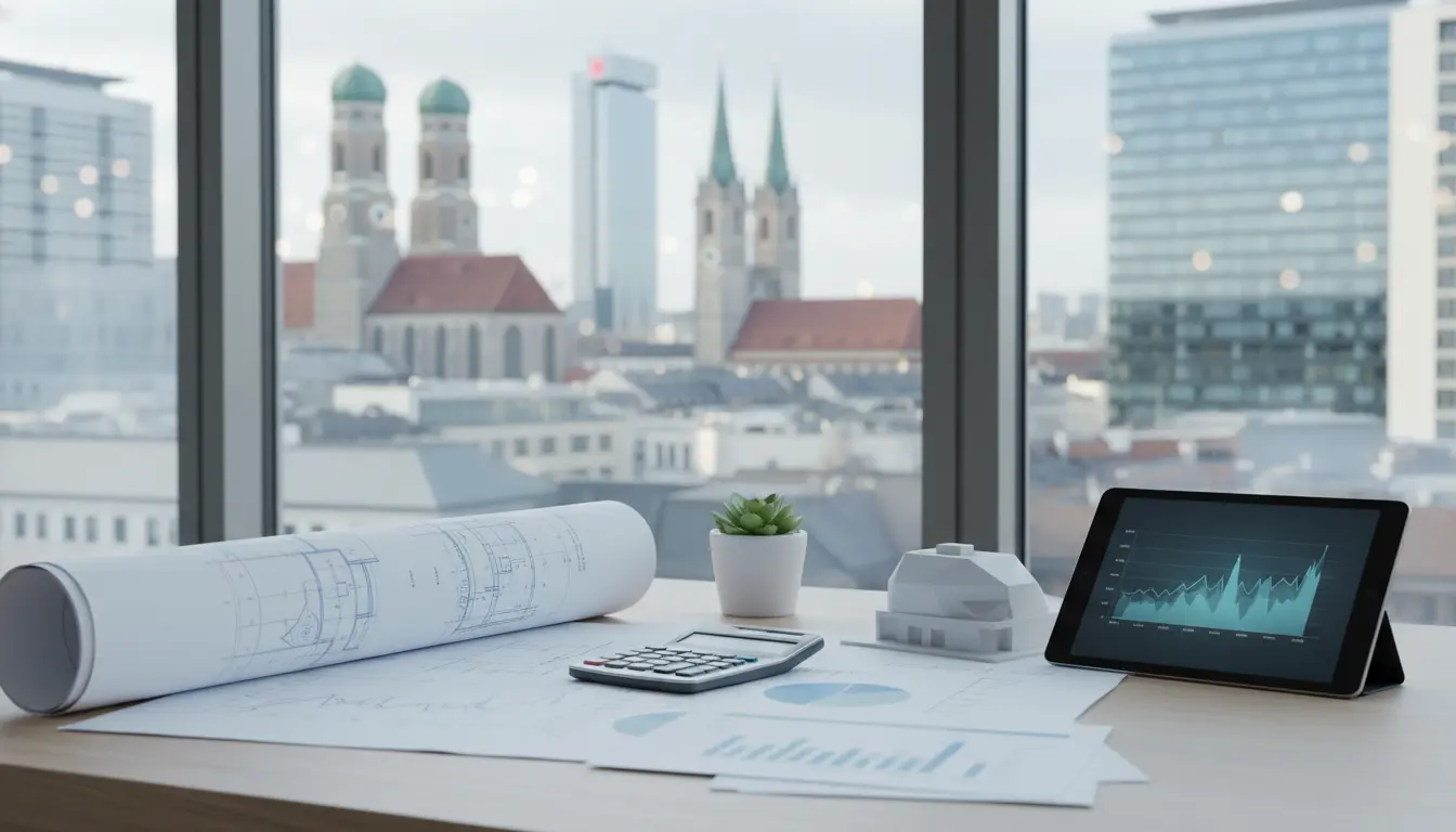 Arbeitsplatz mit Bauplänen, Tablet und Modellhaus vor Skyline.
