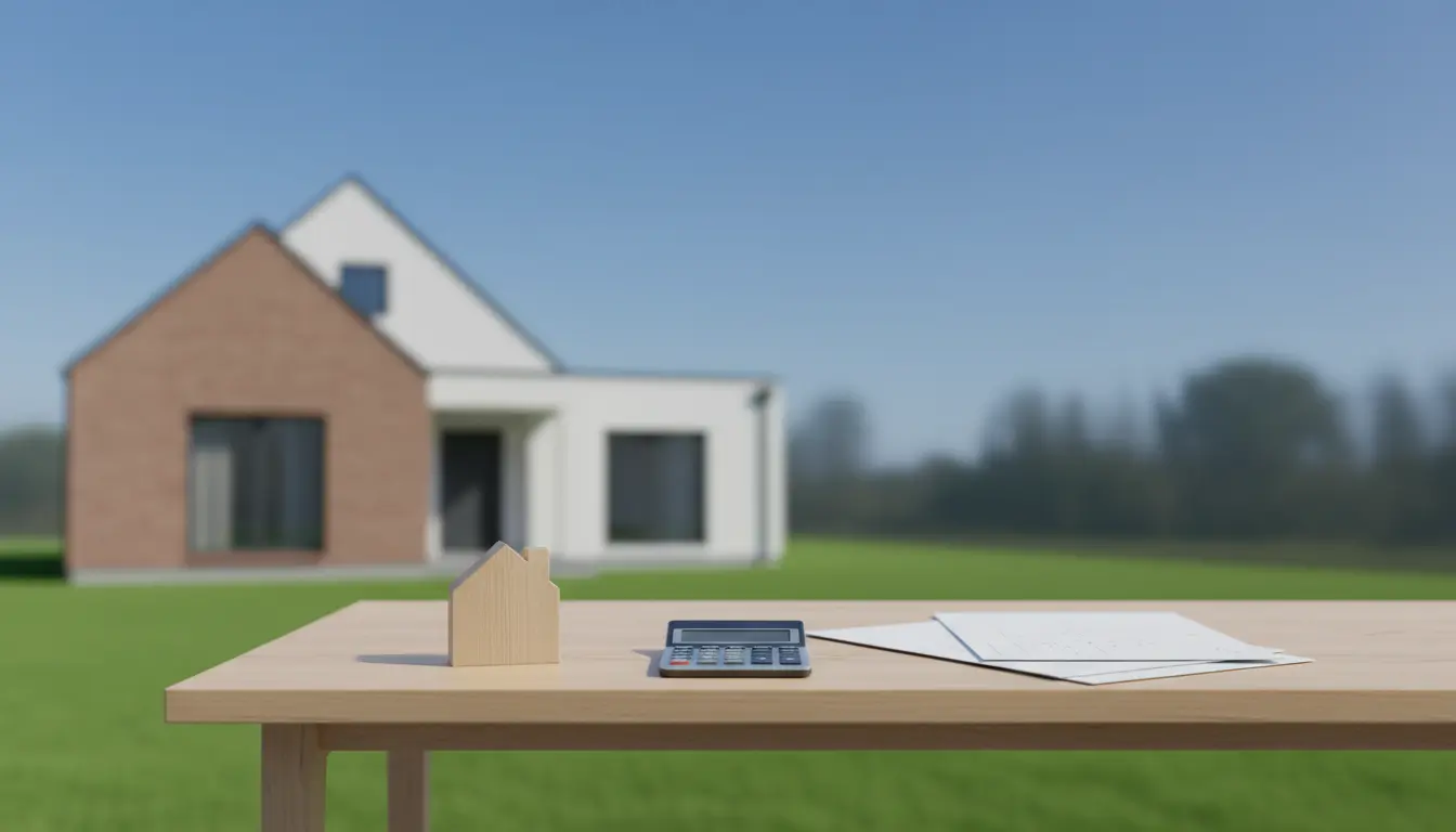Modellhaus, Taschenrechner und Unterlagen auf Tisch, Haus im Hintergrund.