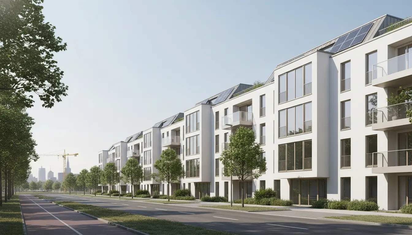 Moderne Wohnanlage mit weißen Fassaden, Bäumen und Solardächern.