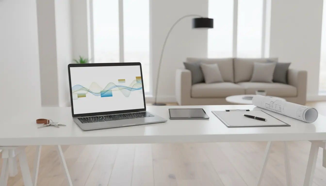 Moderner Arbeitsbereich mit Laptop, Plänen und Sofa im Hintergrund.
