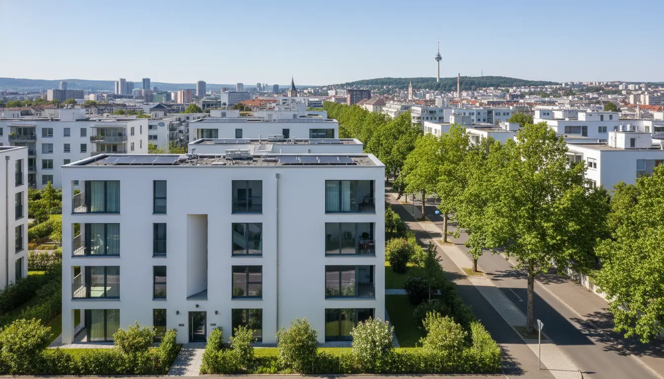 Moderne weiße Wohnanlage mit Baumallee und Stadtblick