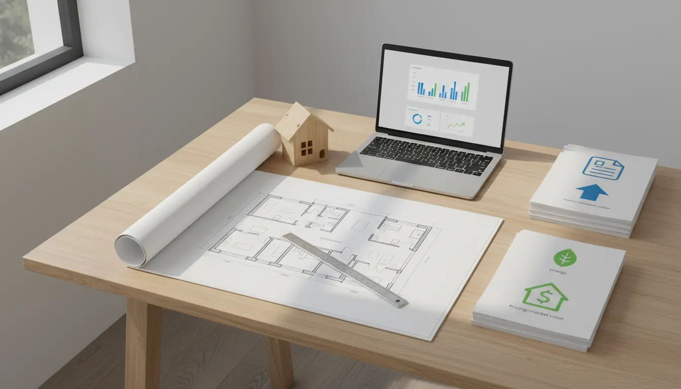 Arbeitsplatz mit Bauplänen, Laptop und Modellhaus.