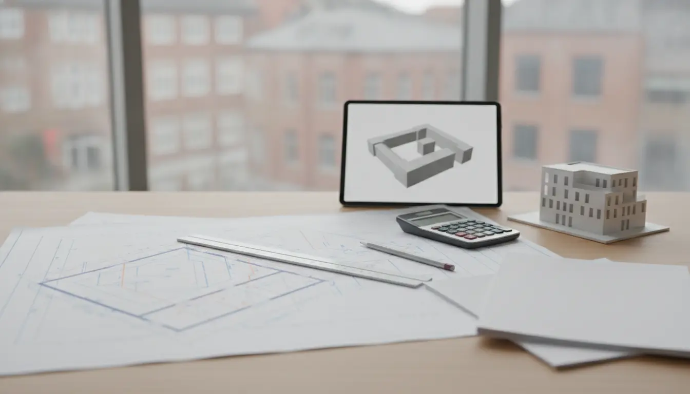 Schreibtisch mit Architekturplänen, Tablet und Gebäudemodell