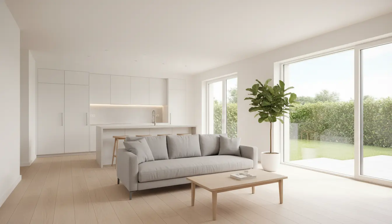 Helles, modernes Wohnzimmer mit offener Küche und Pflanze.