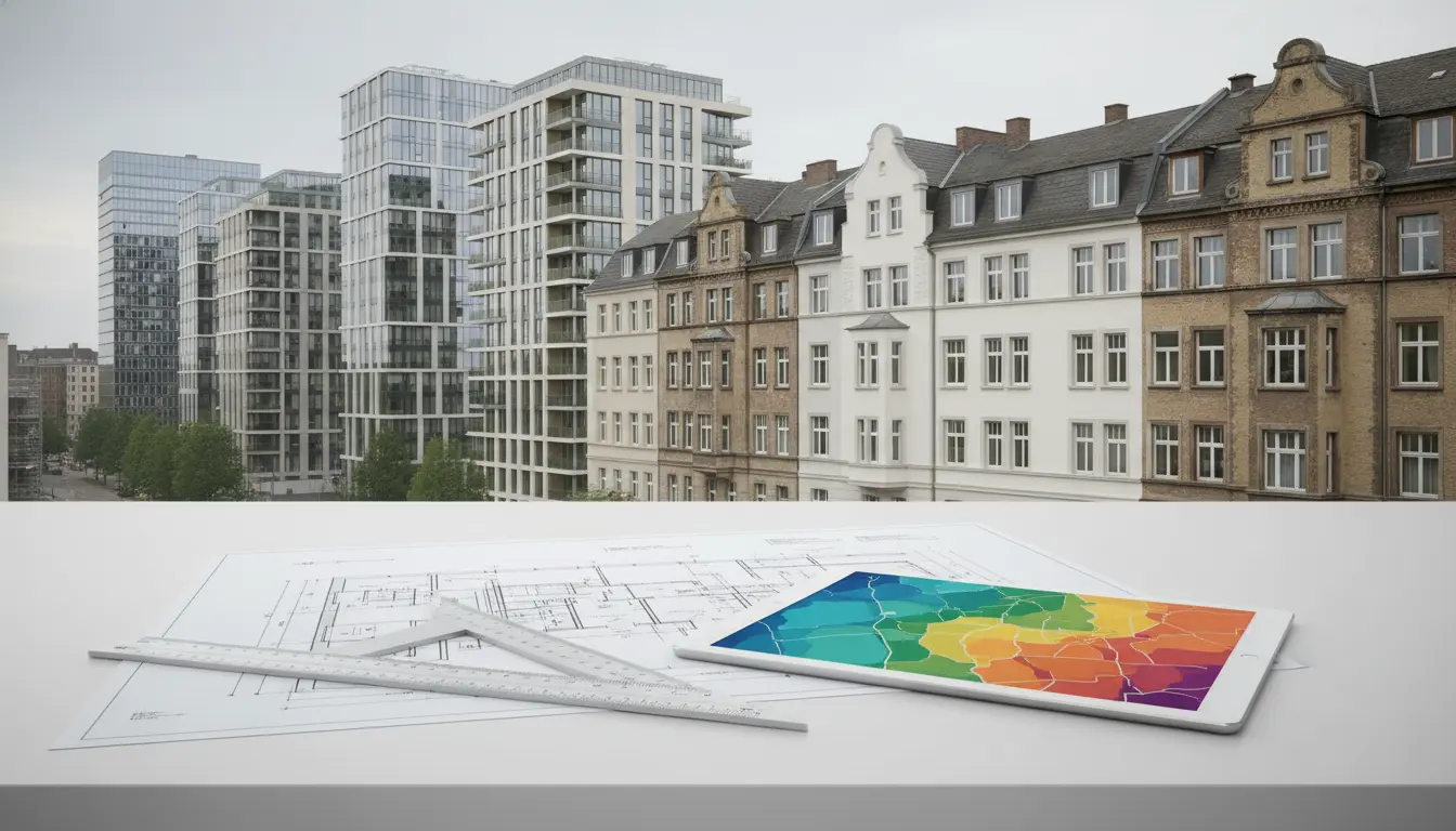 Moderne Hochhäuser neben historischen Gebäuden; Baupläne und Farbkarte auf Tablet.