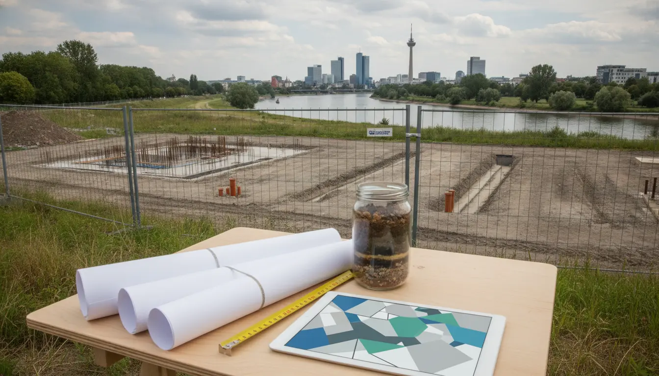 Baustelle am Flussufer; Baupläne, Glas mit Erde, Skyline.