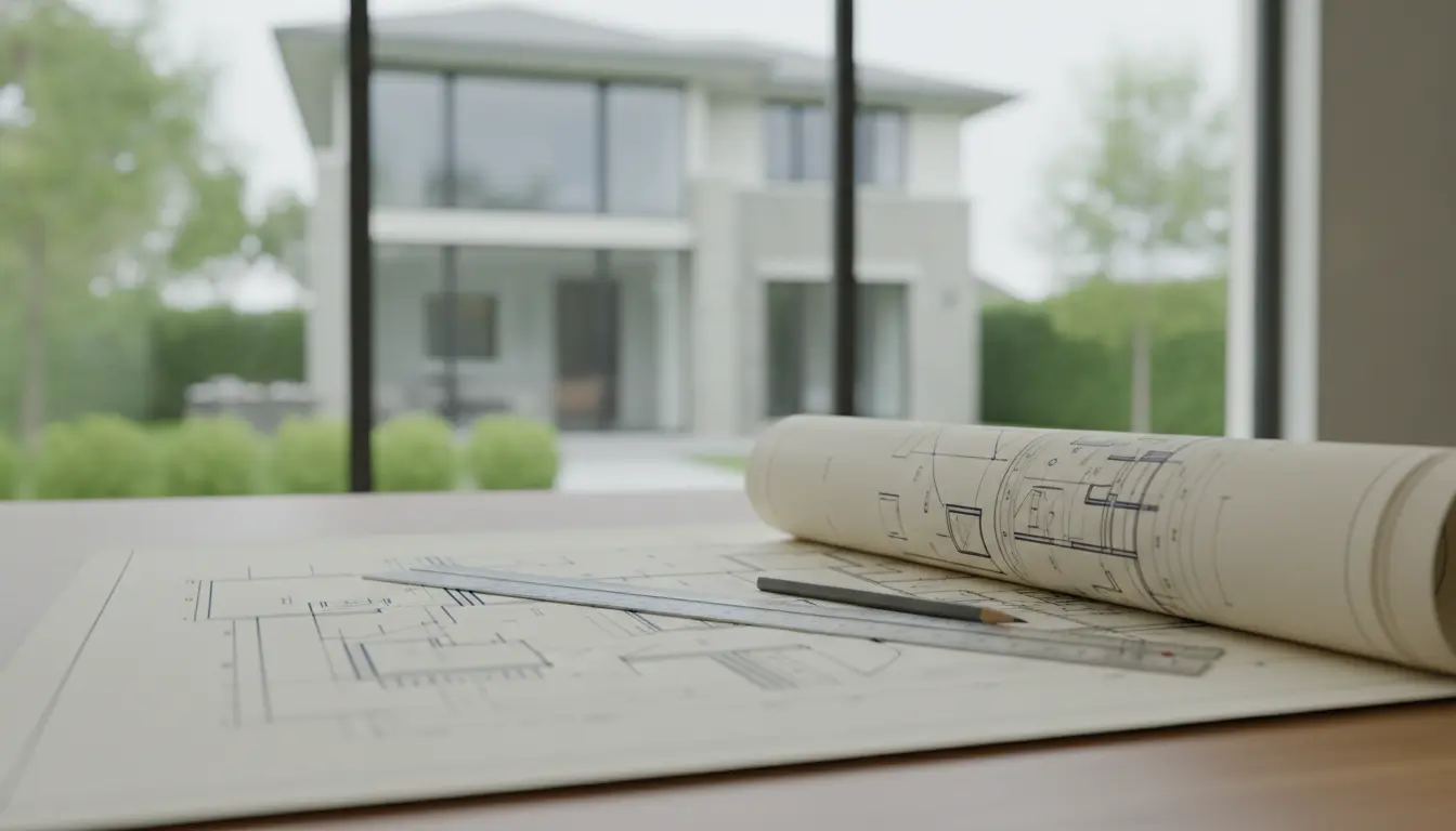 Baupläne und Bleistift auf Tisch vor modernem Haus