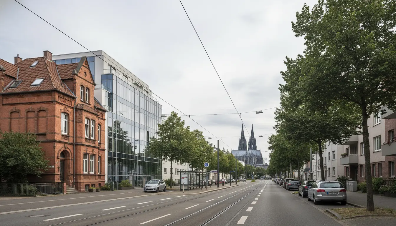 Straßenansicht mit Backsteingebäuden, Glasfassade und Dom im Hintergrund