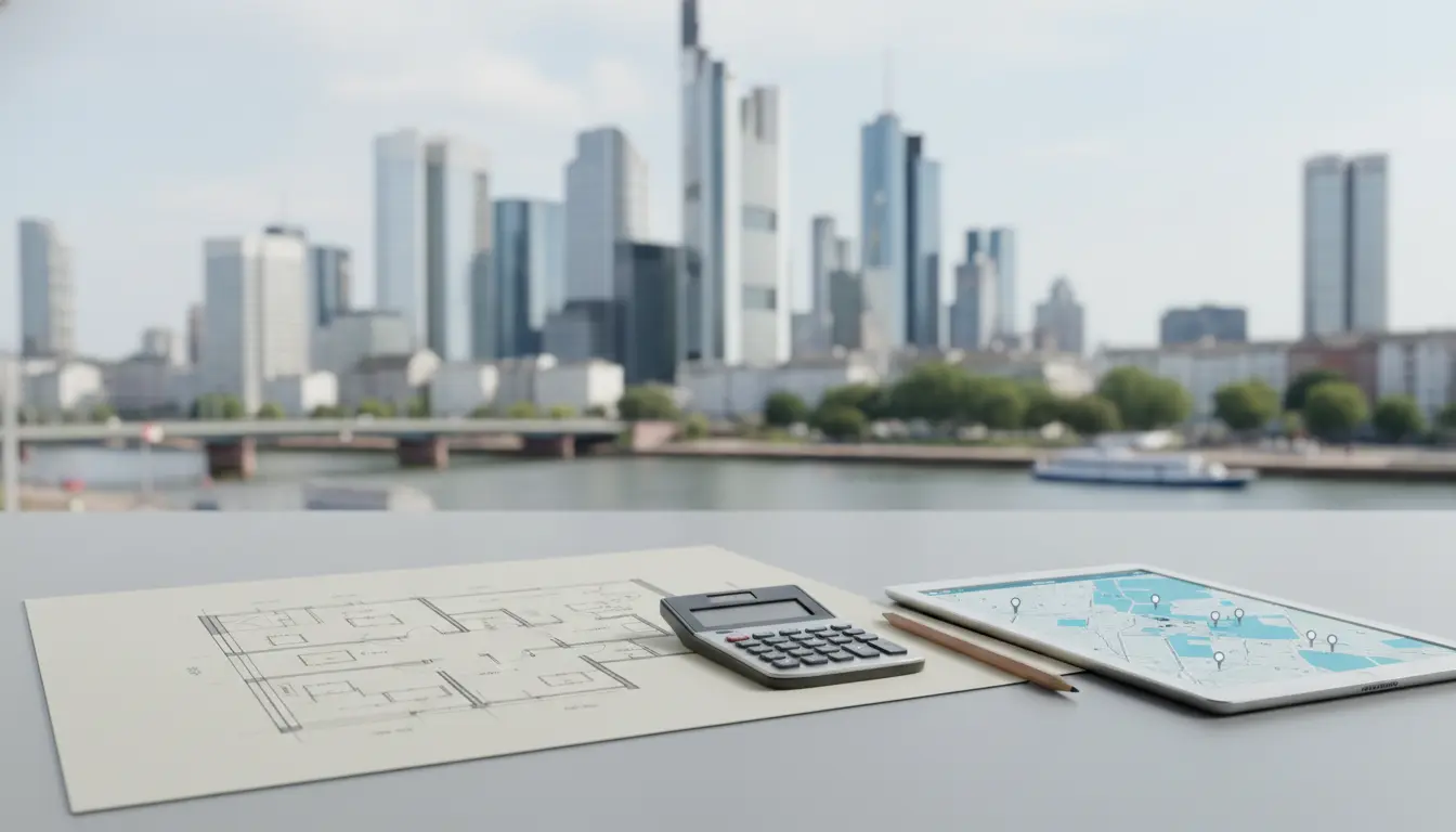 Architekturpläne, Taschenrechner und Karte vor Stadtskyline.