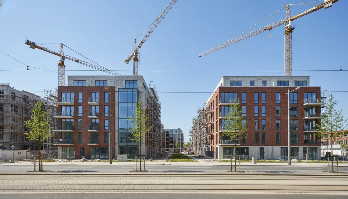 Moderne Wohnanlage entsteht zwischen Kränen und Straßen.