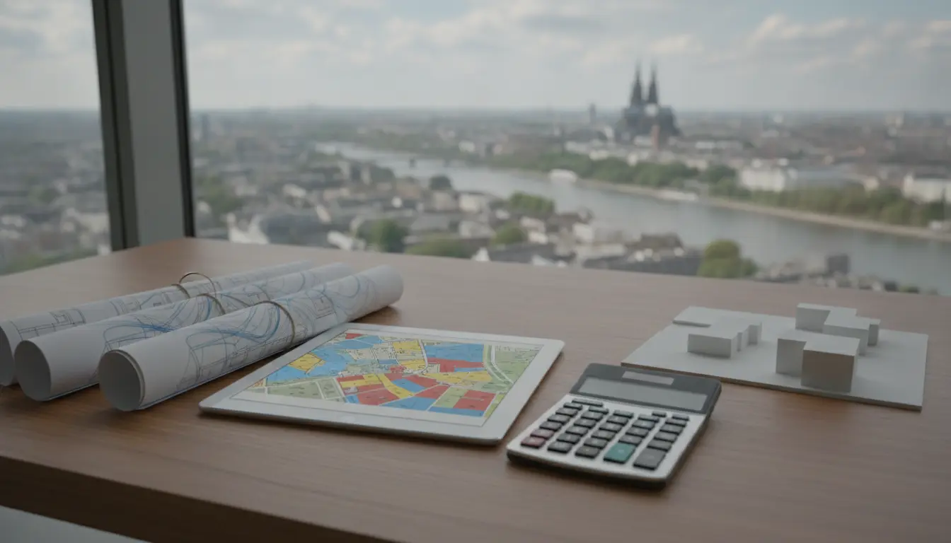 Architekturpläne, Tablet mit Karte und Modellhäuser auf dem Schreibtisch.