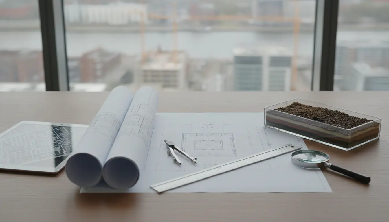 Architekturpläne, Messwerkzeuge und Erdeproben auf dem Schreibtisch.