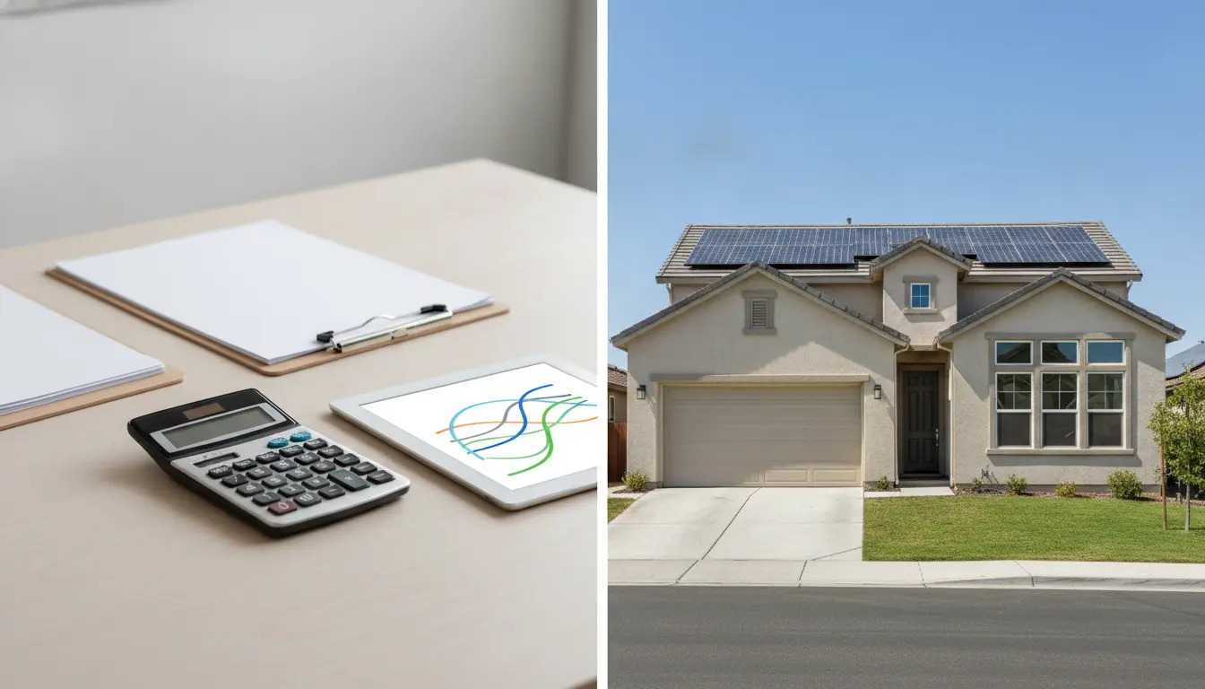 Arbeitsplatz links, Einfamilienhaus rechts mit Solarpanelen.