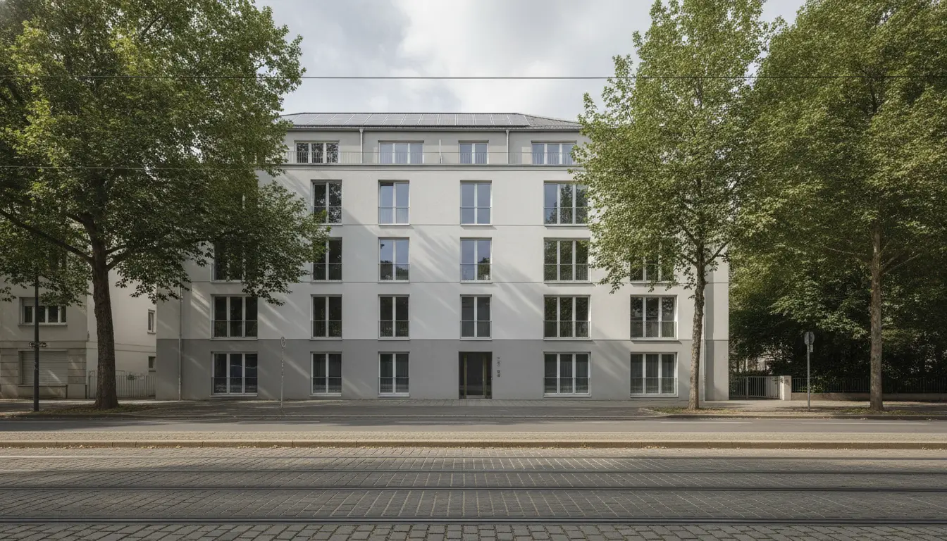 Weißes Mehrfamilienhaus zwischen Baumreihen und Straßenbahnschienen.