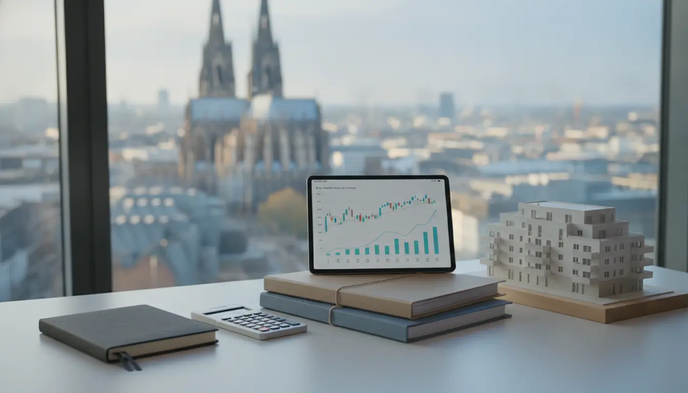 Arbeitsplatz mit Tablet, Diagrammen, Bücherstapeln und Architekturmodell vor Stadtblick.