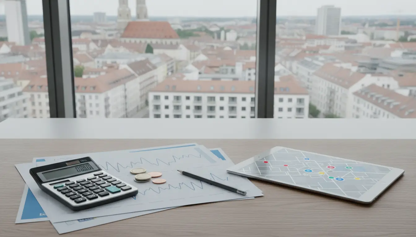 Finanzunterlagen, Münzen, Taschenrechner und Tablet mit Karte