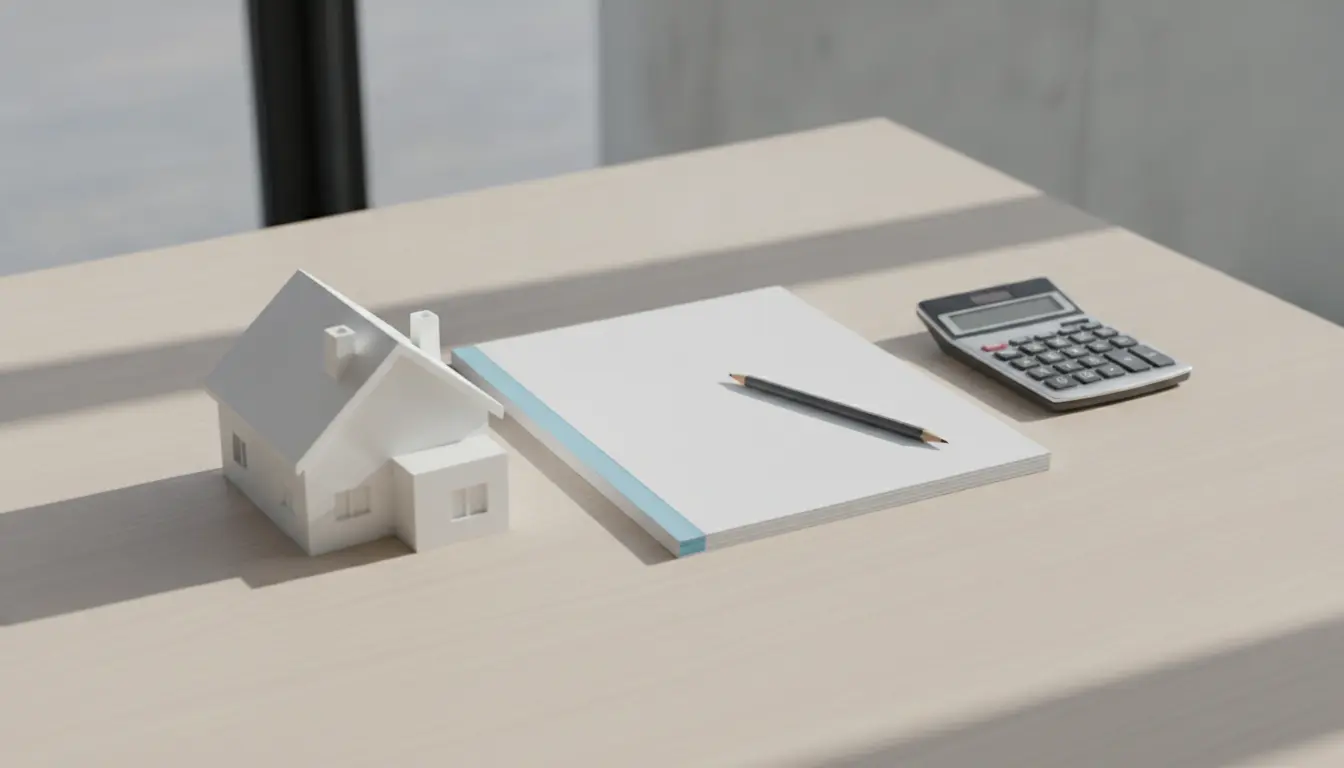 Kleines Modellhaus neben Notizblock, Stift und Taschenrechner.